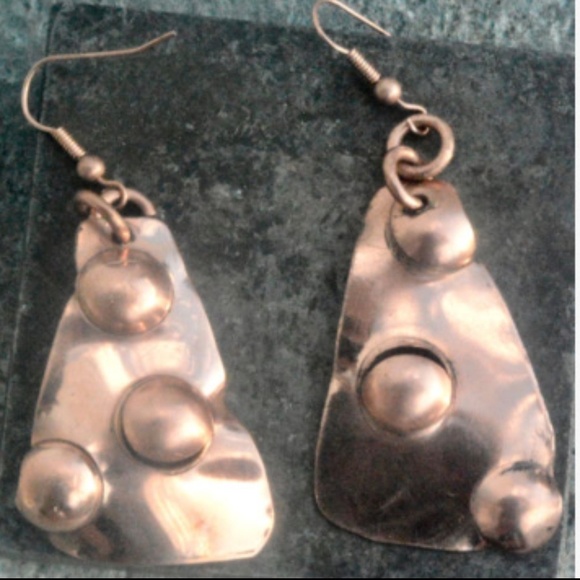 Triangle Brutalist Solid Copper Earrings Tribal Handmade Boho Gift Jewelry Punk - Picture 4 of 6